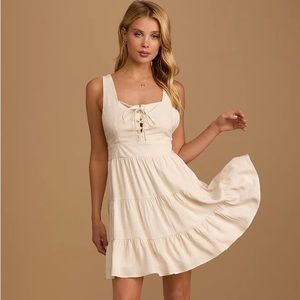 Lulu’s New w/o Tags Wondrous Ways Beige Lace-Up Tiered Mini Dress, Size L